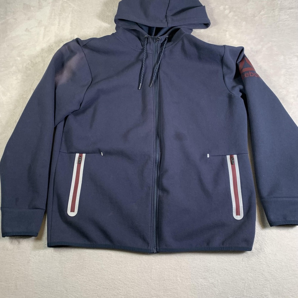 Reebok Hoodie Mens XL Navy Full Zip Stretch Zip Pockets Athletic Training Logo